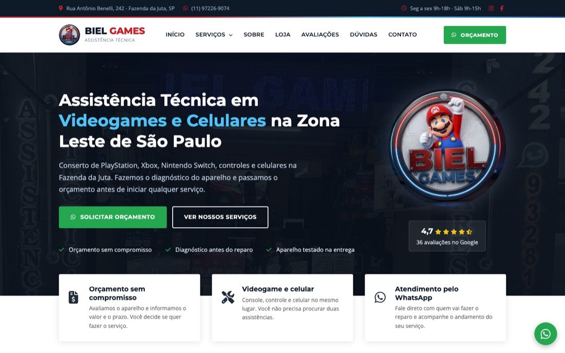 Página inicial do site da assistência técnica